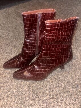 Gianni Bini Burgundy Croc-Embossed Pointed Toe Booties